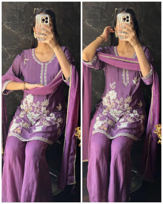 Premium Chinnon Hand work Suit – lavender
