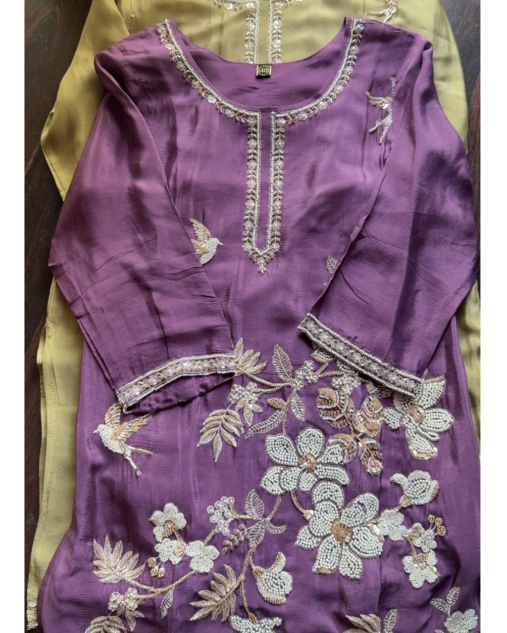 Premium Chinnon Hand work Suit – lavender