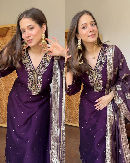 Premium Dola Silk Hand work Suit -wine