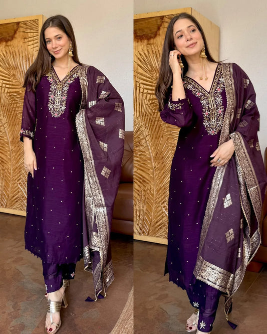 Premium Dola Silk Hand work Suit -wine