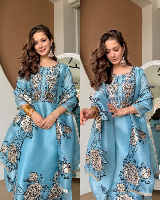 Premium Tissue Patchwork Suit -Blue