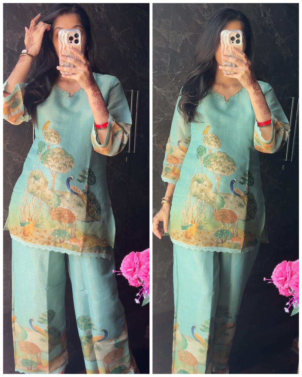 Premium Chanderi Cotton Cross Stitched Coord -Sea Green