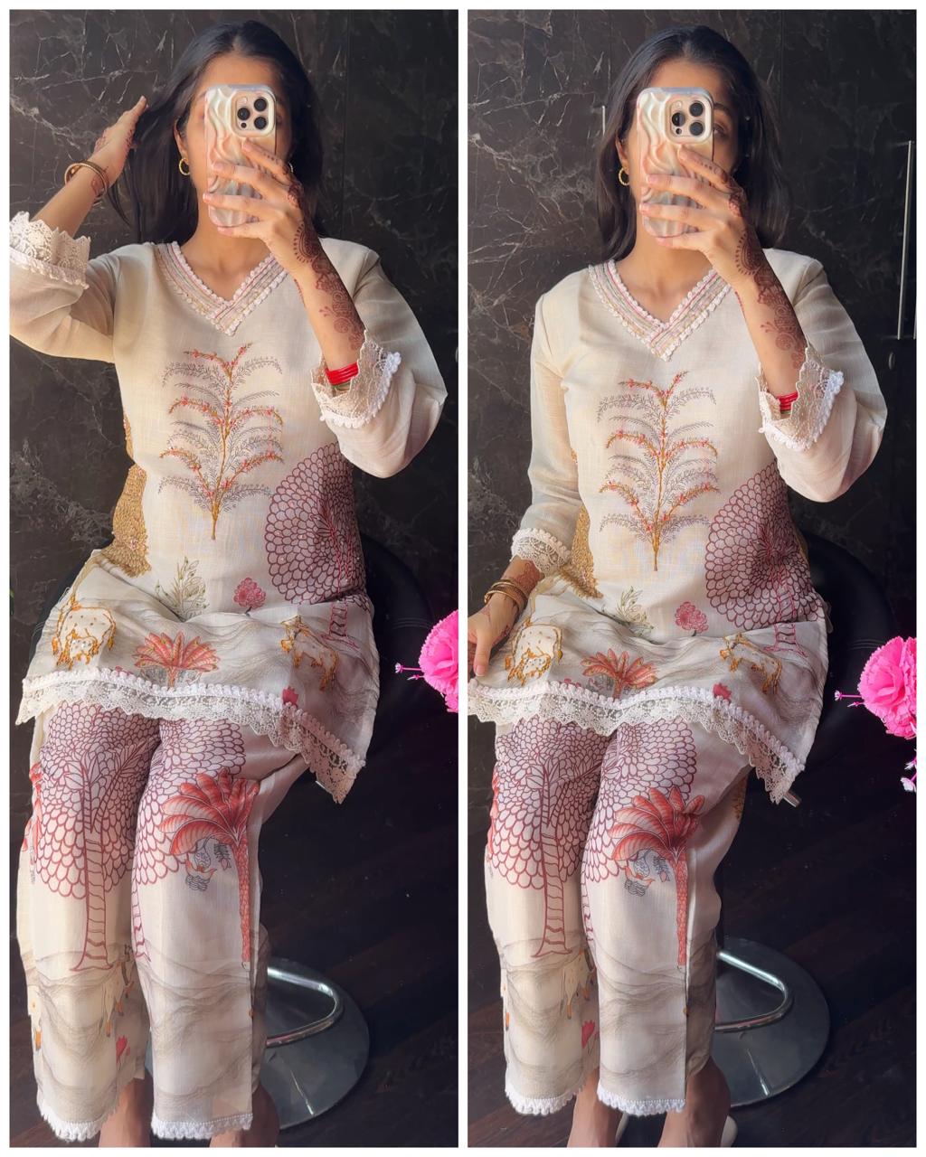 Premium Chanderi Cotton Cross Stitched Coord – Beige