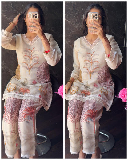 Premium Chanderi Cotton Cross Stitched Coord – Beige