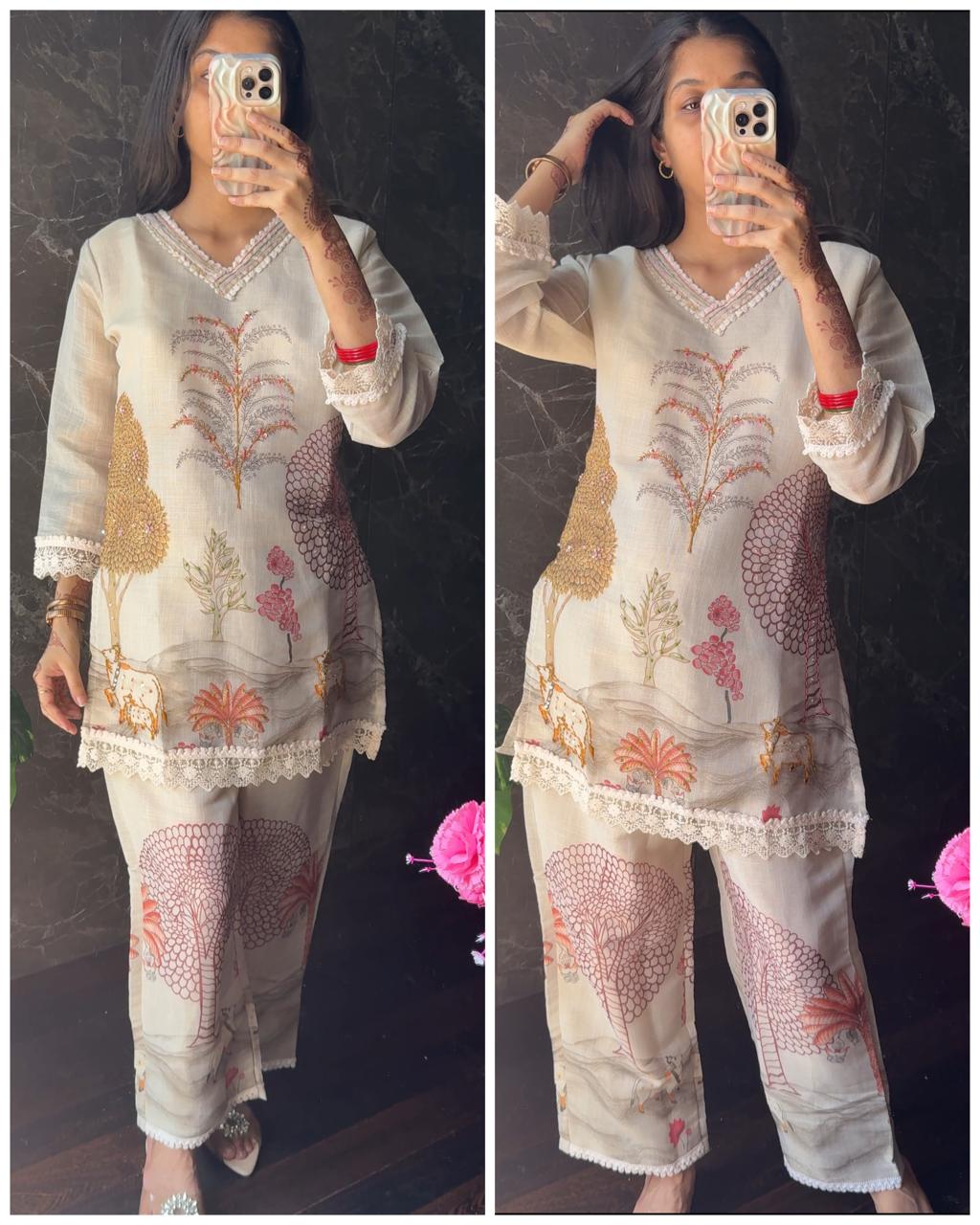 Premium Chanderi Cotton Cross Stitched Coord – Beige