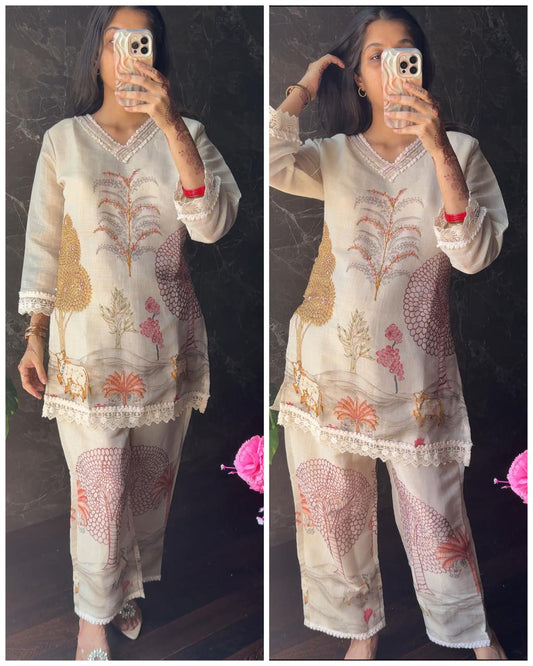 Premium Chanderi Cotton Cross Stitched Coord – Beige