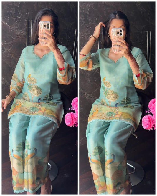 Premium Chanderi Cotton Cross Stitched Coord -Sea Green