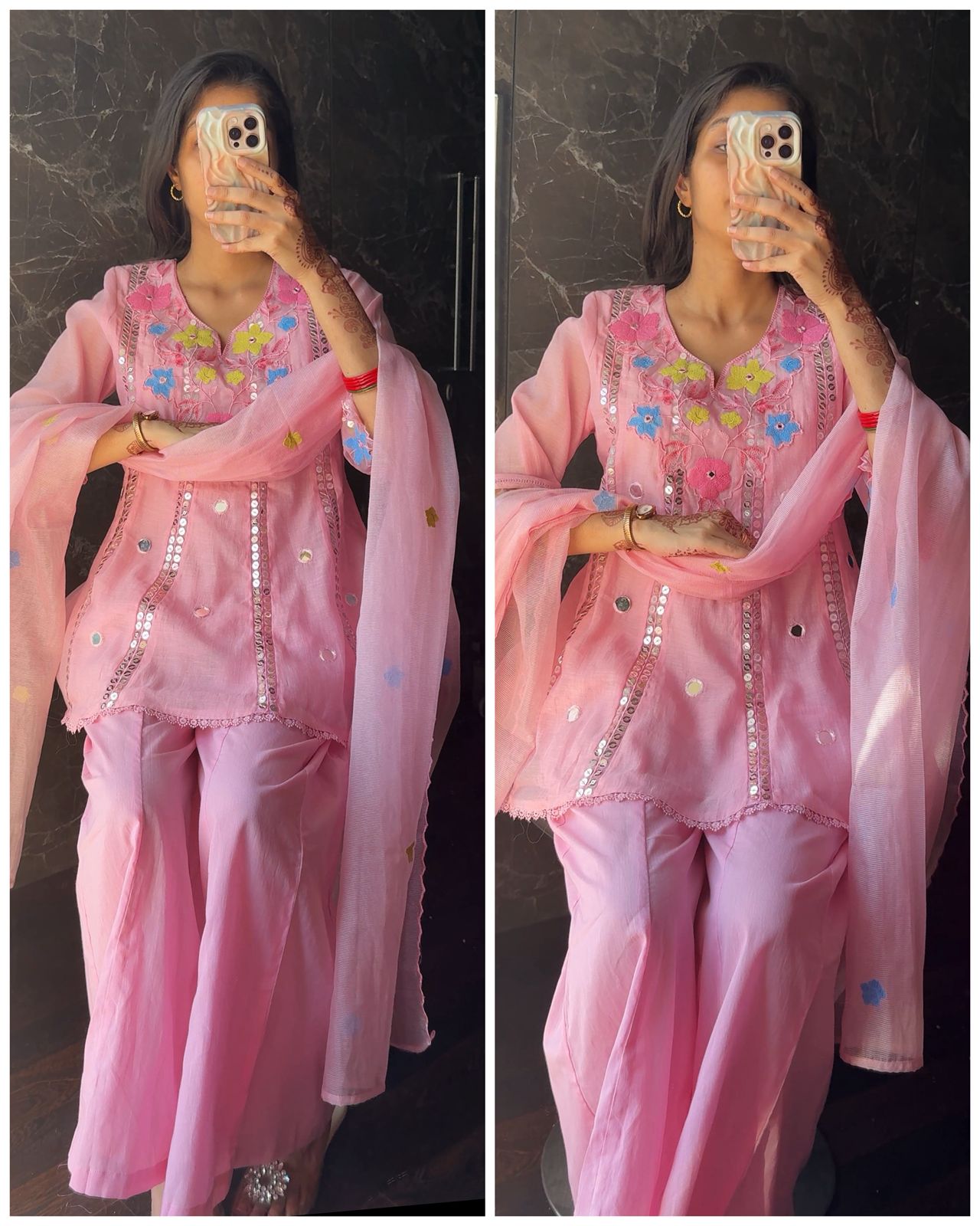 Premium Embroidered mul Chanderi Set – Pink