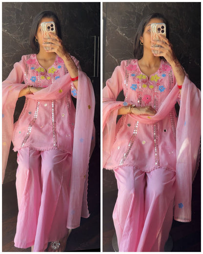 Premium Embroidered mul Chanderi Set – Pink