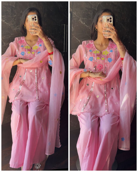 Premium Embroidered mul Chanderi Set – Pink