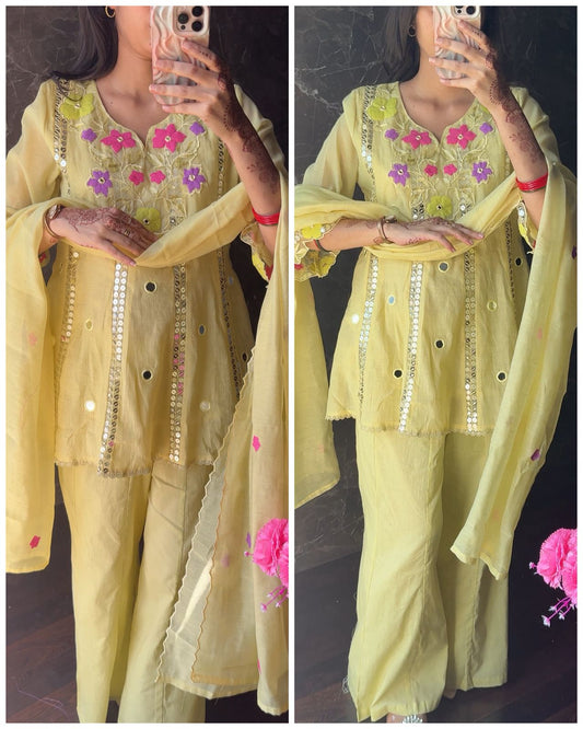 Premium Embroidered Mul Chanderi Set – lemon
