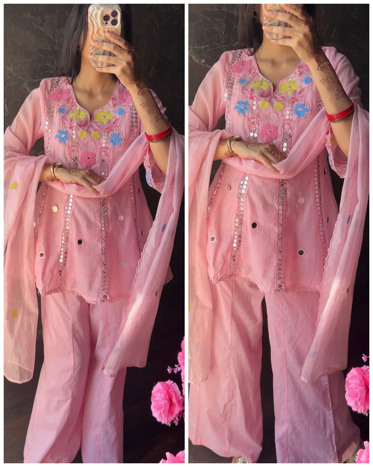 Premium Embroidered mul Chanderi Set – Pink