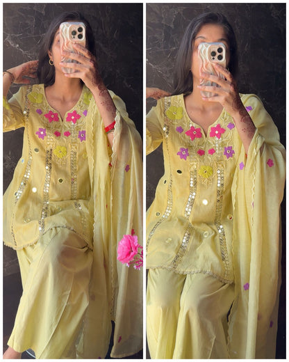 Premium Embroidered Mul Chanderi Set – lemon