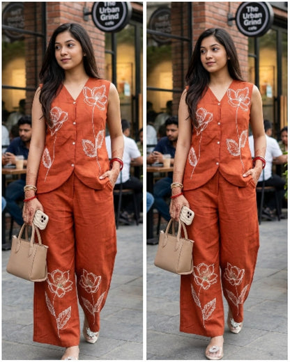 Premium Cotton Embroidered Coords – Rust