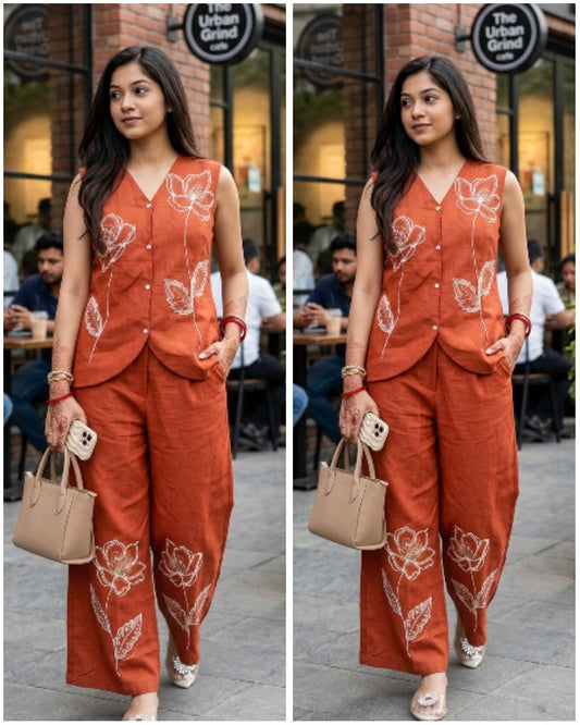 Premium Cotton Embroidered Coords – Rust