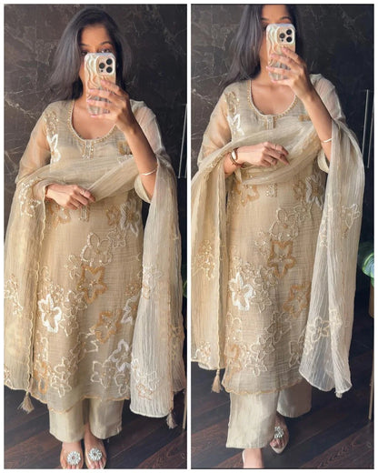 Premium Crush Salsa Fabric Hand work suit – light chikoo