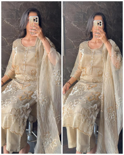 Premium Crush Salsa Fabric Hand work suit – light chikoo