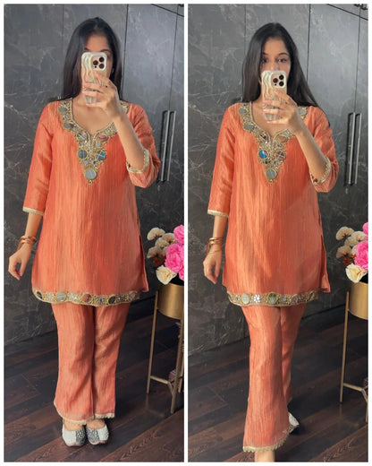 Original Glass work Crush tissue Coord – Peach
