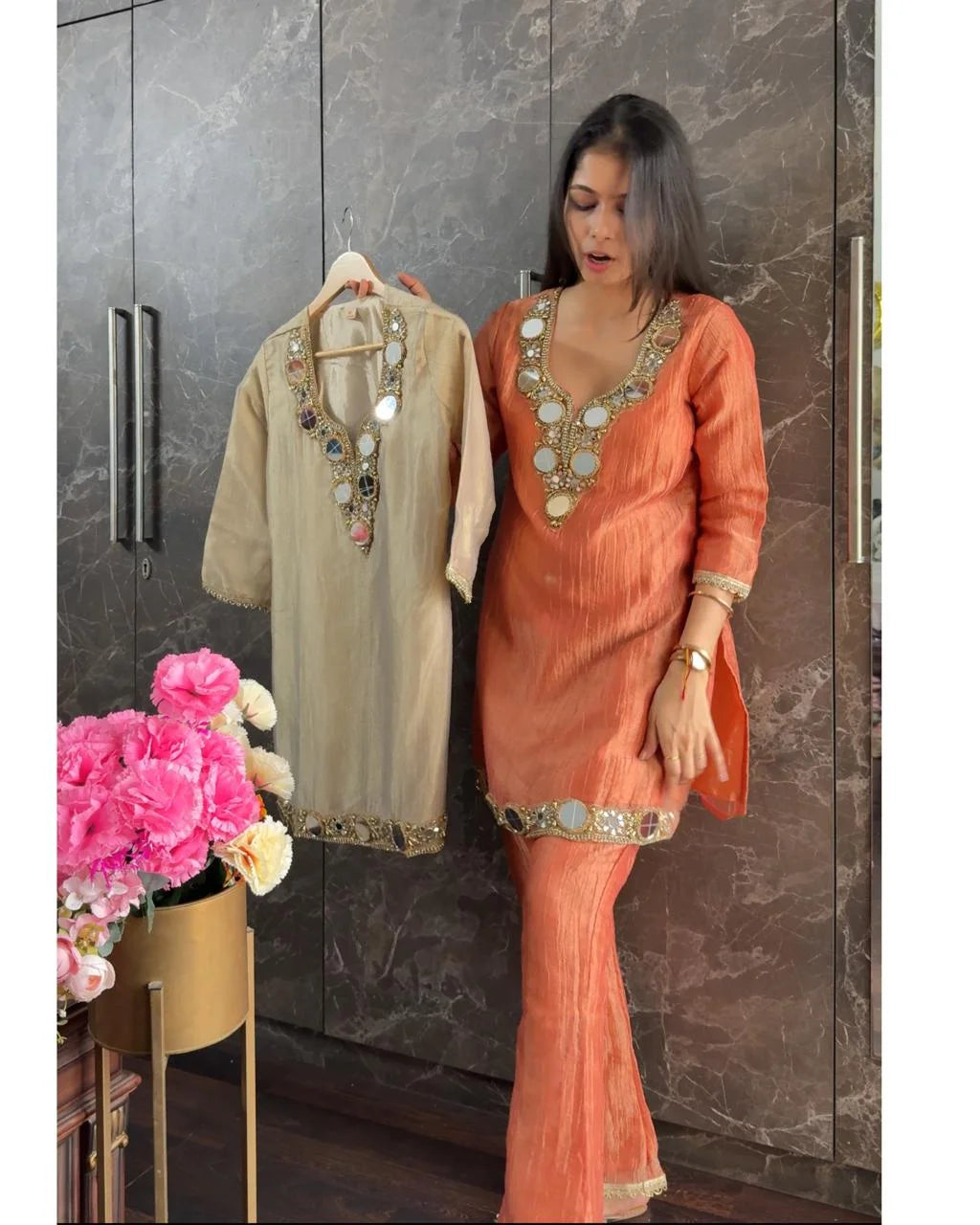 Original Glass work Crush tissue Coord – Peach