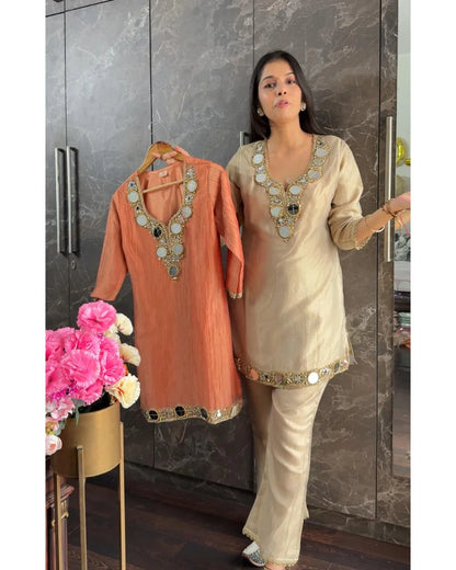 Original Glass work Crush Tissue Coord – beige