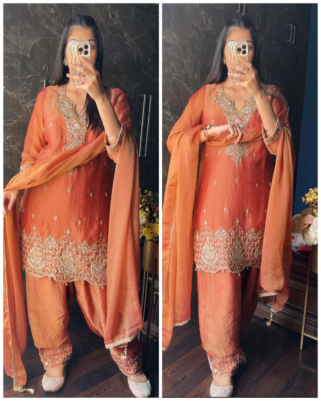Hand work Short Farshi Crush silk Suit