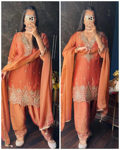 Hand work Short Farshi Crush silk Suit