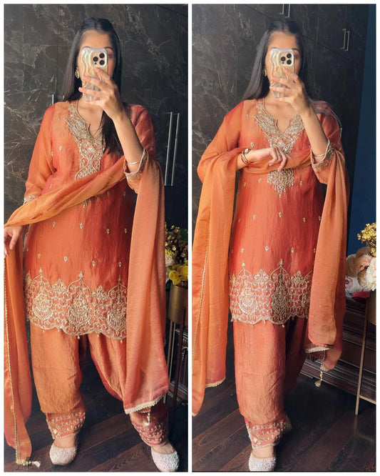 Hand work Short Farshi Crush silk Suit