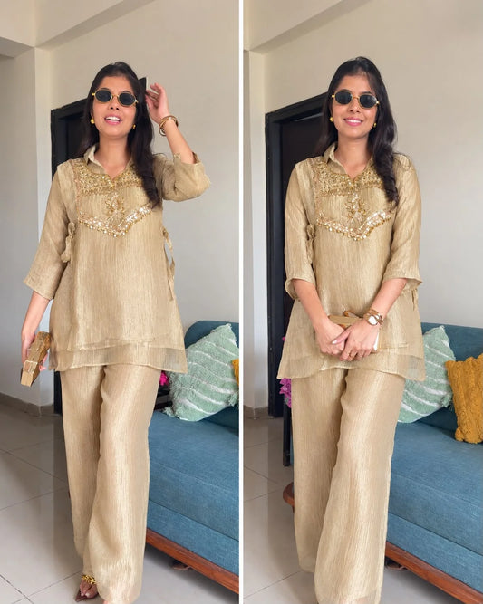 Gold Luxe -Handworked Crush Tissue Co-ord Set