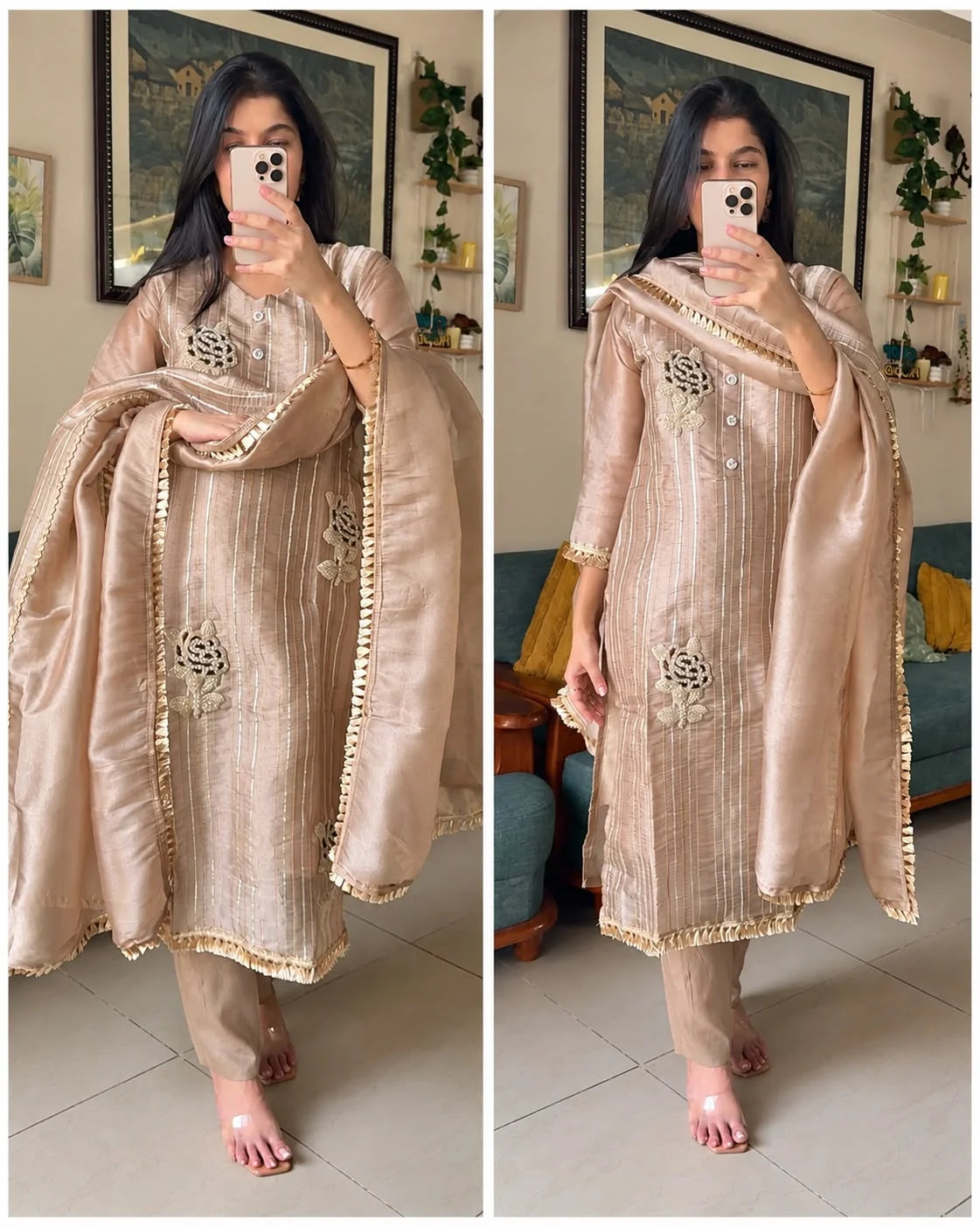 The Champagne Shehzadi-Luxury Zari Tissue 3-Piece Suit