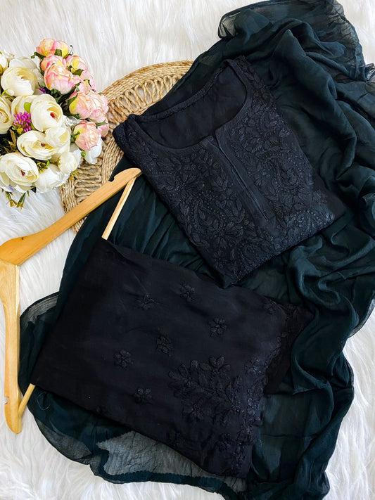 Dual-Toned Ombre Chikankari Set – Black