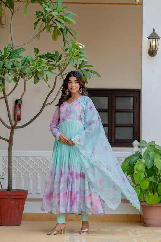 Sea green chiffon anarkali