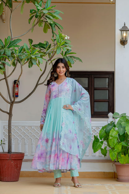 Sea green chiffon anarkali