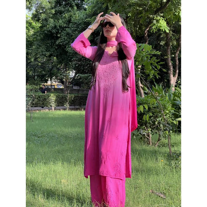 Dual-Toned Ombre Chikankari Set – Hot Pink