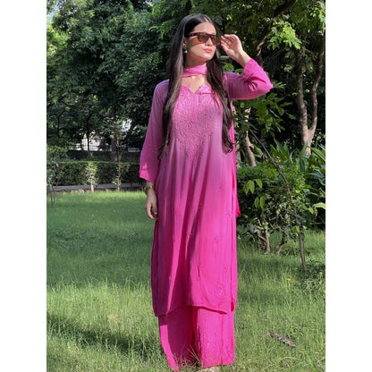 Dual-Toned Ombre Chikankari Set – Hot Pink