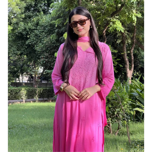 Dual-Toned Ombre Chikankari Set – Hot Pink