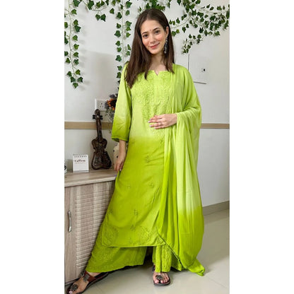 Dual-Toned Ombre Chikankari Set – Neon Green