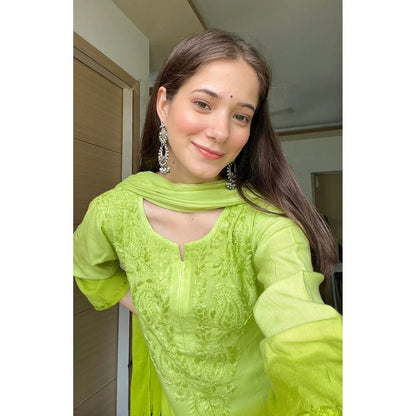 Dual-Toned Ombre Chikankari Set – Neon Green