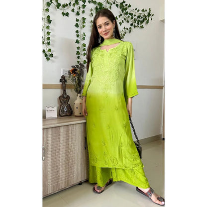 Dual-Toned Ombre Chikankari Set – Neon Green