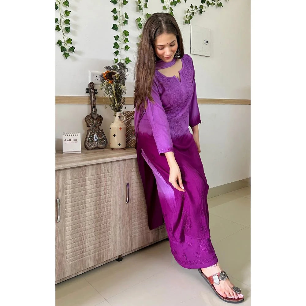 Dual-Toned Ombre Chikankari Set – Purple