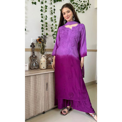 Dual-Toned Ombre Chikankari Set – Purple