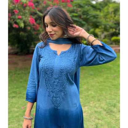 Dual-Toned Ombre Chikankari Set – Royal Blue