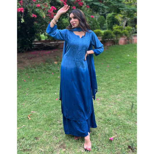 Dual-Toned Ombre Chikankari Set – Royal Blue