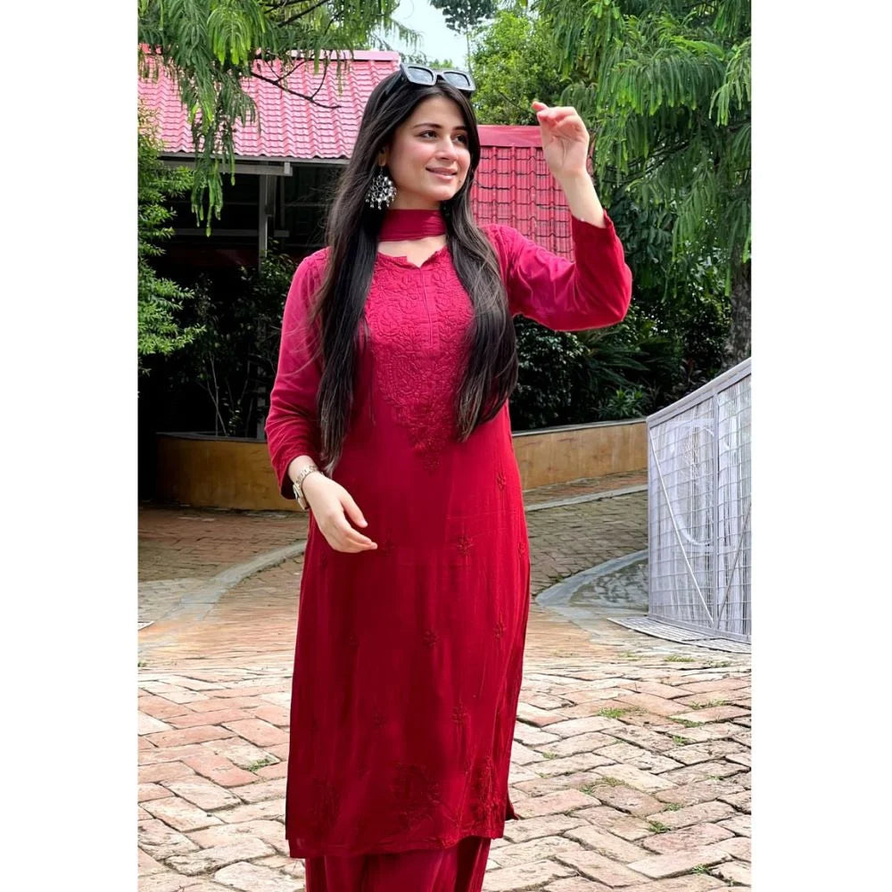 Dual-Toned Ombre Chikankari Set – Red